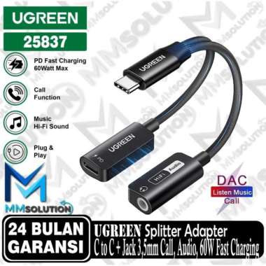 UGREEN Converter Splitter DAC 3 in 1 Dual Jack 3.5mm + Type C to Type C Open Mic, Fast Charging 60W 