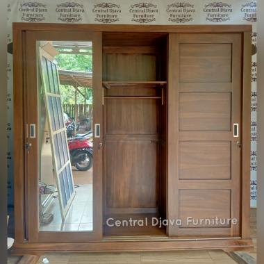 Lemari Pakaian Minimalis Sliding 3 Pintu Kaca Kayu Jati Almari Geser