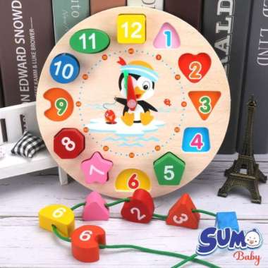 Mainan Edukasi Anak Bayi Puzzle Jam Kayu Geometri Belajar Angka Bentuk
