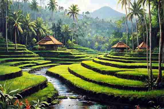 Istimewa! Lukisan Sawah Terasering Hijau dengan Aliran Sungai di Ubud Bali