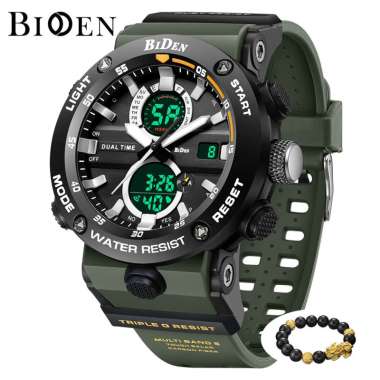 BIDEN Jam Tangan Pria Digital&Analog Olahraga Kasual Multifungsi Alarm Anti Air Tali Silikon Jam Tan