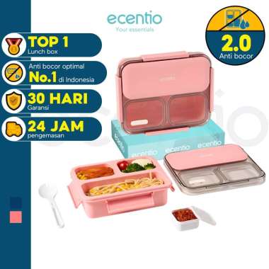 ecentio Kotak Makan 3 compartments 1150ml anti-scratch plastic lunch box with sauce box + spoon Pink