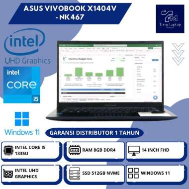 LAPTOP BARU ASUS VIVOBOOK X1404V INTEL CORE I5-1335U RAM 8GB DDR4 SSD 512GB NVME 14INCH FHD BLU - NK