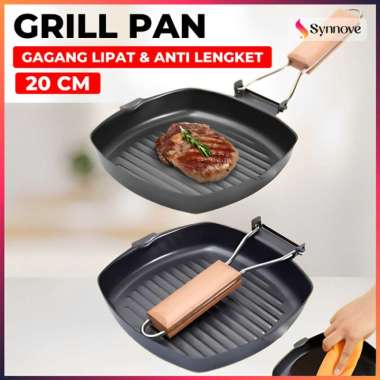 Grill Pan Anti Lengket Baja Lapis Marble Panggangan BBQ Pegangan Kayu Lipat Panggangan Grill Pan Gri