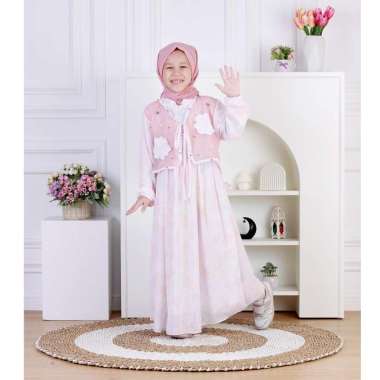Dungdungkids Gamis Anak Bianca Ceruty Outer Organza Payet Bordir Free Pashmina 3 - 14 Tahun M Pink