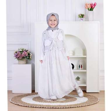 Dungdungkids Gamis Anak Bianca Ceruty Outer Organza Payet Bordir Free Pashmina 3 - 14 Tahun XL Abu