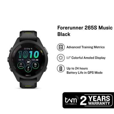 Jam Tangan Wanita Garmin Forerunner 265S 010-02810-53 Smartwatch Music Digital Dial Black Rubber Str