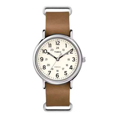 Jam Tangan Pria Timex Weekender T2P492 Indiglo White Dial Light Brown Leather Strap Multicolor