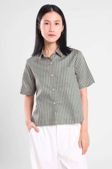 MINIMAL - Caron - Kemeja Wanita Motif Garis - Pink L Pink