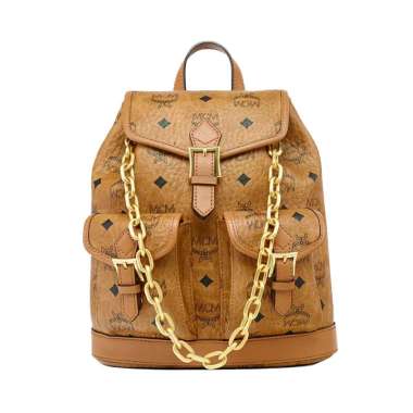 MCM Mini Aren Drawstring Visetos Backpack Cognac