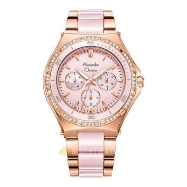 Jam Tangan Wanita Alexandre Christie Multifunction AC 2294 BF BRGMN Pink Dial Dual Tone St Steel Cer