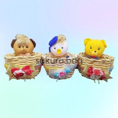 K52B - Keranjang hias rotan bulat boneka kecil 9x6 cm souvenir kado Boneka besar