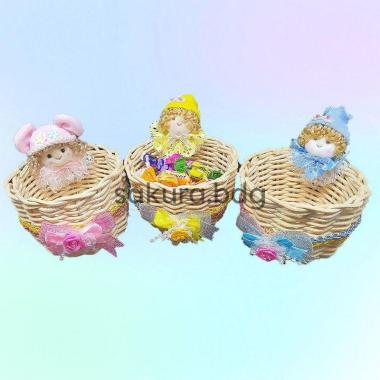K52B - Keranjang hias rotan bulat boneka kecil 9x6 cm souvenir kado Boneka kecil