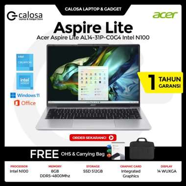 Acer Aspire Lite AL14-31P-C0G4 Intel N100 RAM 8GB/512GB Laptop 14" WUXGA Windows 11 OHS - Original Bergaransi Resmi 1 Tahun Free Acer Carrying Bag RAM 8gb