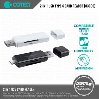 Coteci 83006 OTG Card Reader 2 in 1 Type C + USB 3.0 Dual Slot Micro SD TF Adapter Hitam
