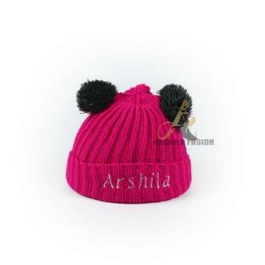 Topi Bayi Kupluk Rajut Pompom Polos Gratis Bordir Nama Anak Bordir Nama Pink Fanta