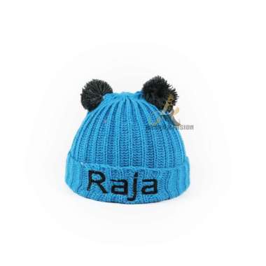 Topi Bayi Kupluk Rajut Pompom Polos Gratis Bordir Nama Anak Bordir Nama Biru Muda