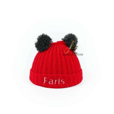 Topi Bayi Kupluk Rajut Pompom Polos Gratis Bordir Nama Anak Polos Merah