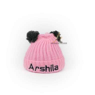 Topi Bayi Kupluk Rajut Pompom Polos Gratis Bordir Nama Anak Polos Pink Baby