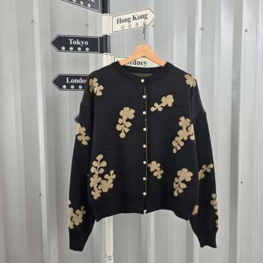 Kiukiu Jangmi Outer - Cardigan Outer Rajut Motif Bunga ala Korea - Korean Outer Rajut HITAM