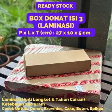 (DONAT 3) Kotak Box Donat isi 3 Laminasi ukuran (27x10x5 cm) Tebal 290 gsm | Dus Kue Snack Brownies 
