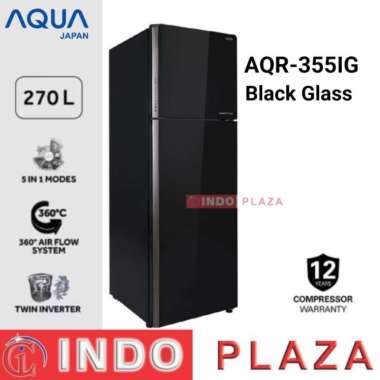 KULKAS AQUA 2 PINTU JUMBO TWIN INVERTER 5 in 1 AQR-355IM(BB) / AQR-355IG BLACK GLASS