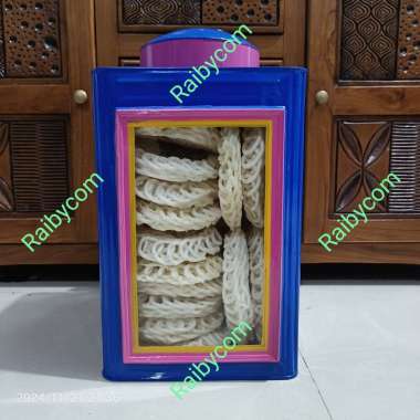 Kerupuk Putih Matang isi 25pcs + Kaleng Toples Kaca Krupuk Jadul Besar Biru list Pink
