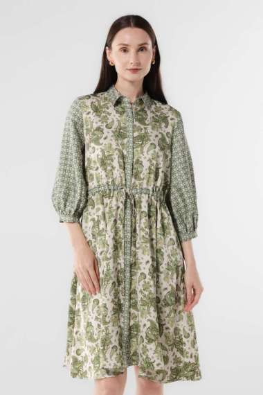 MINIMAL - Mina - Dress Satin Motif Paisley - Green L Green