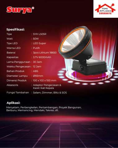 SURYA Senter Kepala Selam Cas LED 50W 50 Watt SYH L505R Cahaya Putih / L506R Cahaya Kuning 3.7V 6000