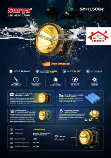 SURYA Senter Kepala Selam Cas LED 50W 50 Watt SYH L505R Cahaya Putih / L506R Cahaya Kuning 3.7V 6000
