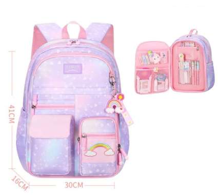 Dijual Tas Ransel Sekolah Anak Perempuan Tas Anak Sd Tas Model Korea - Rainbow Biru Rainbow Ungu
