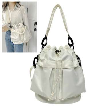 Tas Selempang Wanita Serut Nylon Bucket Drawstring Shoulder Bag Korea Fashion JCTS223 White