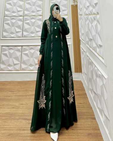 Kiukiu - Dress Gamis Muslim Bordir Bunga Mewah Elegan Bahan Ceruty Babydoll Premium Bordir Busui HIJ