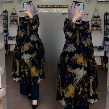 Zermy Set Long Tunik - One Set Wanita Kekinian Rayon Premium Baju Setelan Wanita Celana Kulot OOTD M