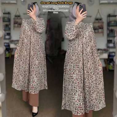 Zermy Set Long Tunik - One Set Wanita Kekinian Rayon Premium Baju Setelan Wanita Celana Kulot OOTD B