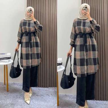 Zermy Set Long Tunik - One Set Wanita Kekinian Rayon Premium Baju Setelan Wanita Celana Kulot OOTD B