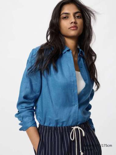 UNIQLO Kemeja Premium Linen Wanita Lengan Panjang blue L