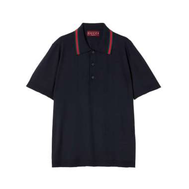 [12.12 Dealcember] Gucci Wool Knit Polo Shirt with Web Stripe Dark Blue S Black