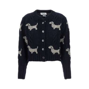 Thom Browne Check Cable Donegal Hector Crew Neck Cardigan Navy 38 Blue