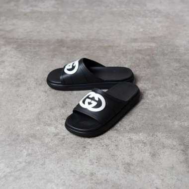 Sandal GUCCI GG INTERLOCKING WHITE BLACK RUBBER SLIDE 100% ORIGINAL 41