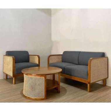 set sofa jati rotan formasi 2 1 + meja jati