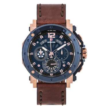 Jam Tangan Pria Expedition Chronograph E 6402 MC LURBU Men Blue Dial Brown Leather Strap Multicolor
