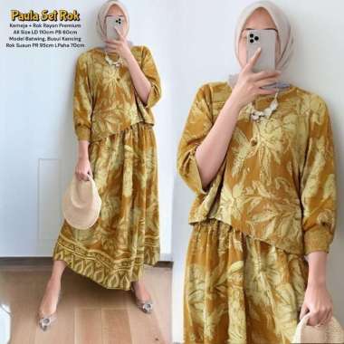 Laura Set Rok Embroidery - One Set Wanita Kekinian Polo Linen Premium Setelan Wanita Kemeja LD 110cm