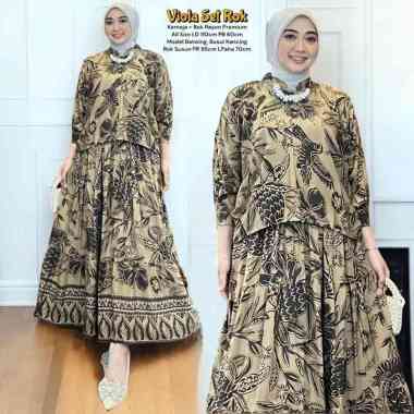 Laura Set Rok Embroidery - One Set Wanita Kekinian Polo Linen Premium Setelan Wanita Kemeja LD 110cm