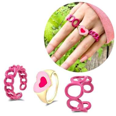 Set (3 buah) Cincin Pink Love Chain Resin Nikki ala Barbie Heart Fashion Ring Openning Chic Lucu Hot