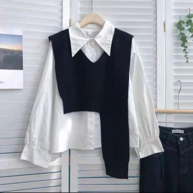 YAKOBI SHIRT / SET kemeja wanita & vest rajut / kemeja wanita / rajut - Putih Putih