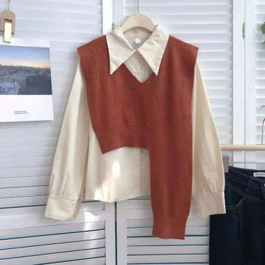 YAKOBI SHIRT / SET kemeja wanita & vest rajut / kemeja wanita / rajut - Putih Cream