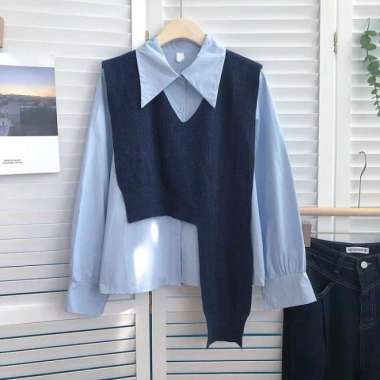 YAKOBI SHIRT / SET kemeja wanita & vest rajut / kemeja wanita / rajut - Putih Navy