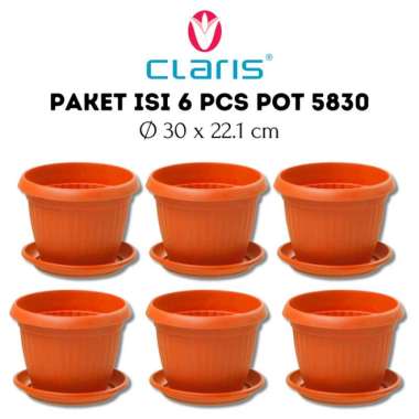 CLARIS Pot Florence 5830 + Tatakan Isi 6 Pcs/Pot Plastik Coklat 30 Cm