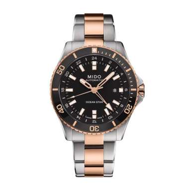 Jam Tangan Pria MIDO Ocean Star M0266292205100 GMT Black Dial Dual Tone Stainless Steel Strap